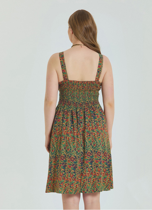 V Neck Robe Green Patterned Plus Size Dress 4586